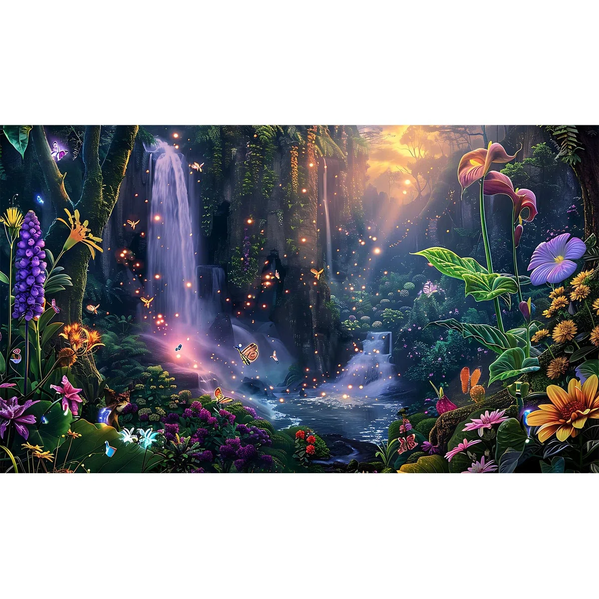 Fondo de jardín de fantasía para acuario, puesta de sol, cascada y flores, terrario, telón de fondo de bosque tropical, plantas exuberantes, mariposas, flores, pecera, telón de fondo, decoración de