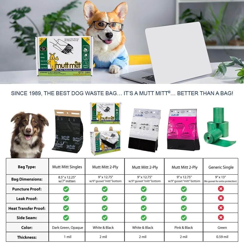 Mutt Mitt® Bolsas individuales para residuos de perros, 2.000 bolsas perfectas para 3 estaciones de residuos de perros, bolsa gruesa de una sola capa con un refuerzo inferior, para una recogida más