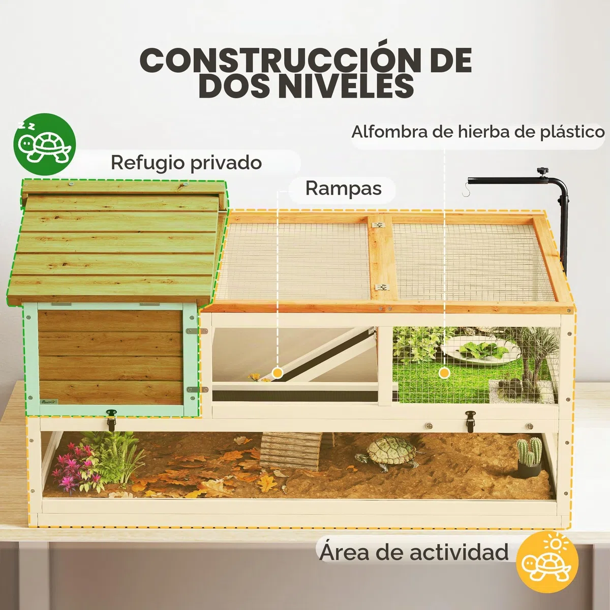 PawHut Casa para tortugas de madera con dos casas principales, soporte para lámparas, jaula de reptiles para exteriores, terrario para tortugas, reptiles, 116 x 70,5 x 69,5 cm, naranja