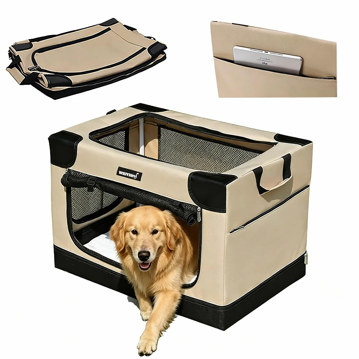 Transportin Perro Grande,Caja Plegable para Perros Medianos,Bolsa Plegable,Ventanas de Red Resistentes y Inserto de Cama de Felpa para Casa y Viaje(82x59x59 cm)