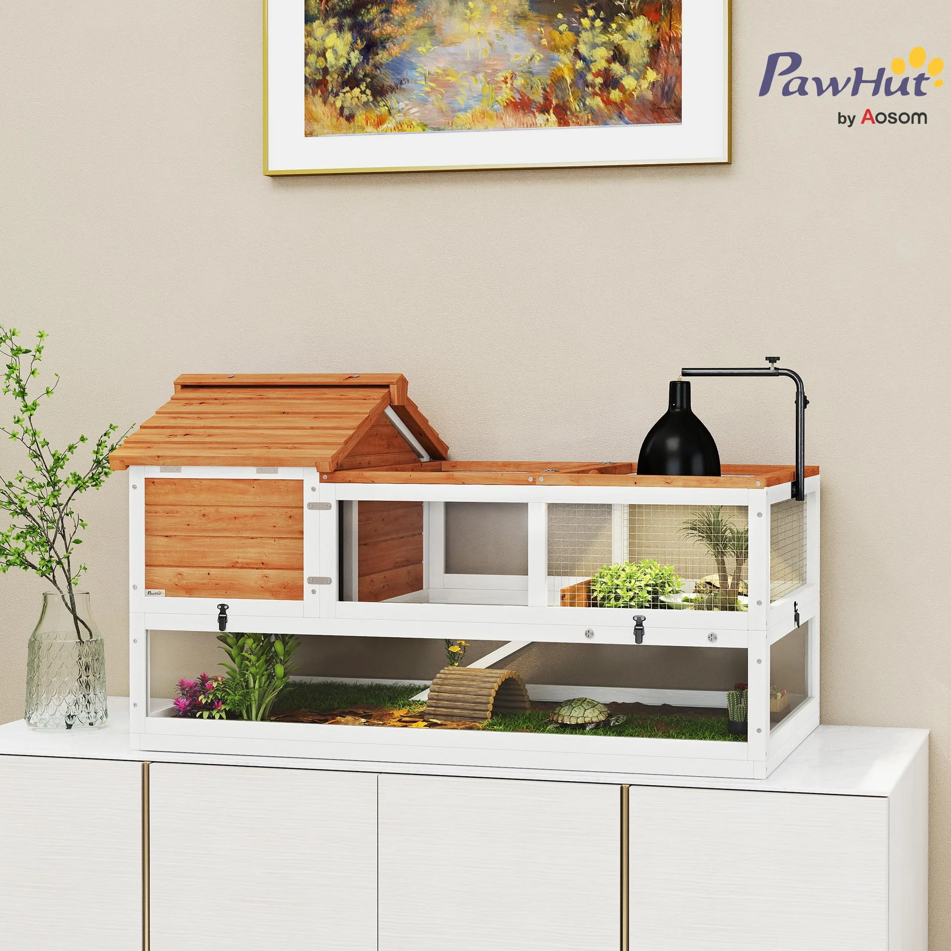 PawHut Casa para tortugas de madera con dos casas principales, soporte para lámparas, jaula de reptiles para exteriores, terrario para tortugas, reptiles, 116 x 70,5 x 69,5 cm, naranja