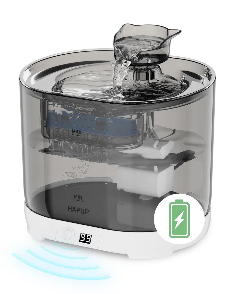 HAPUP Fuente de agua para Gatos sin Cable, 2,2L - Bebedero Automatico con Sensor de Movimiento, Pilas de 5000 mAh, Bomba Silenciosa y Filtro