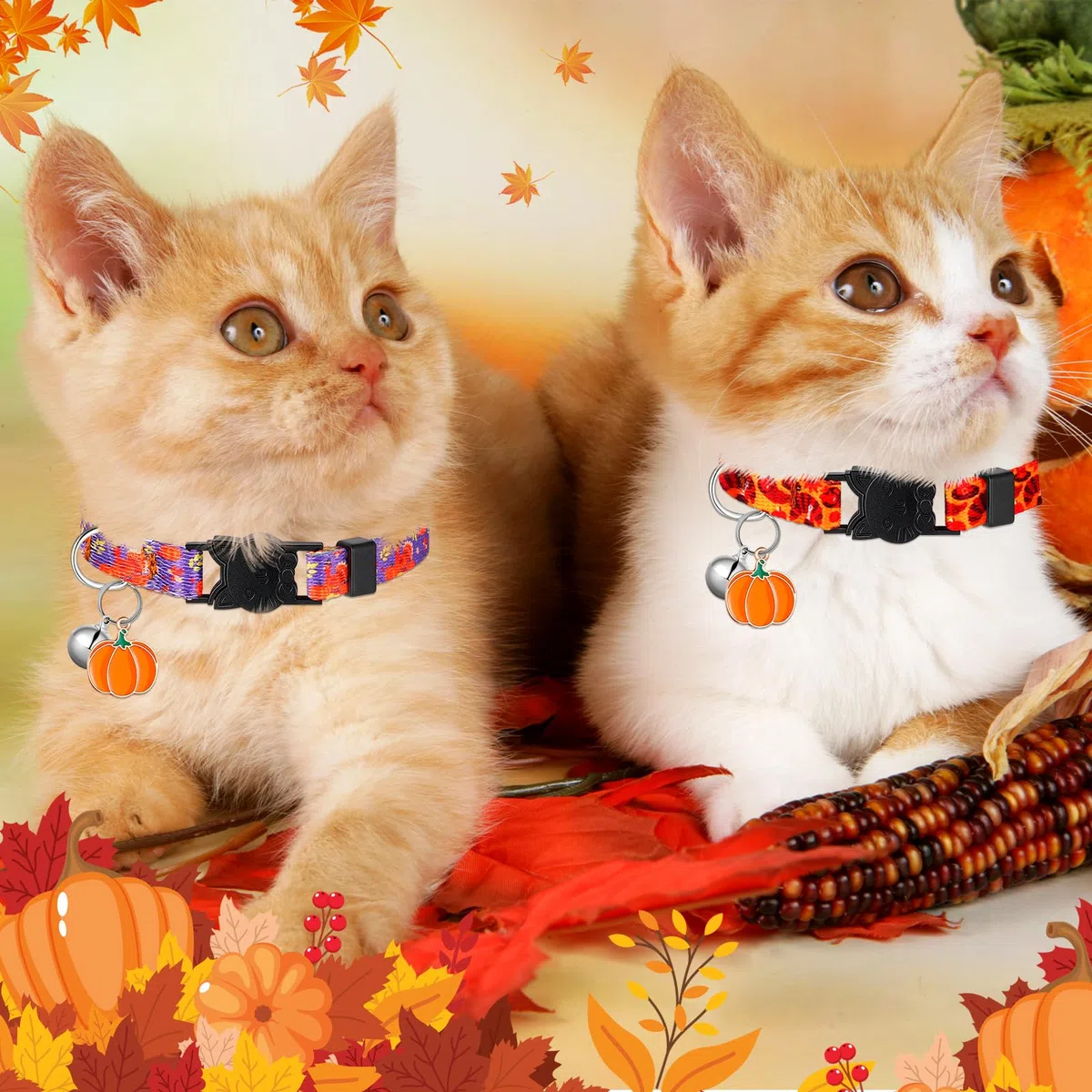 15 collares de gato para Halloween, collares de gato para otoño, Acción de Gracias, collares de gato con campana, collares ajustables para gatos de Navidad con hebilla de plástico, collar de gatito