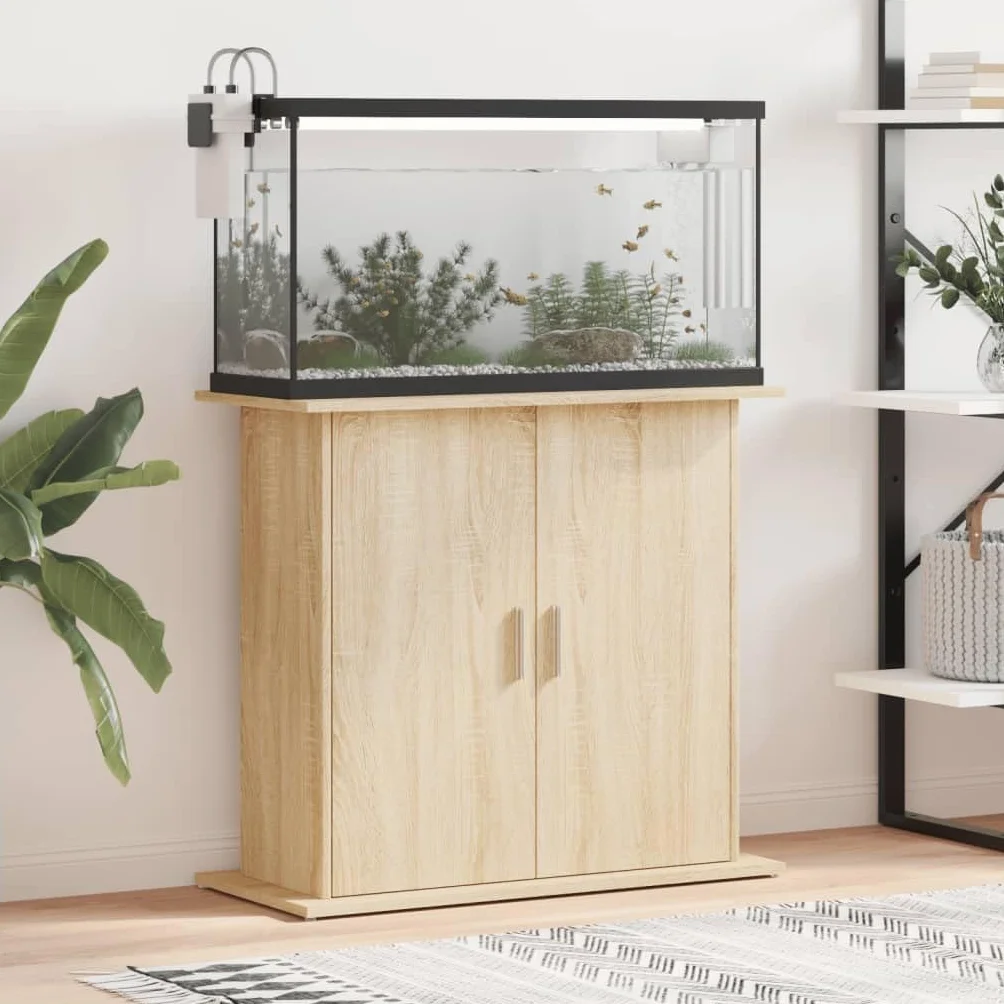 Soporte para acuario, roble Sonoma, material de madera, 81 x 36 x 73 cm, armario inferior estable con puertas y compartimentos, como estructura de muebles para peces, almacenamiento y