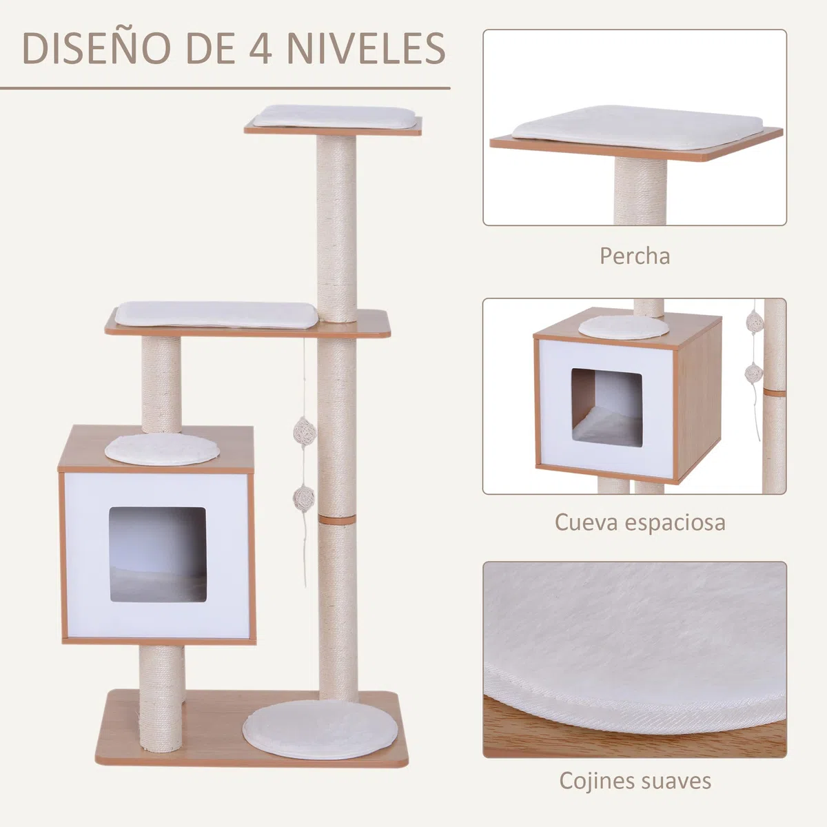 PawHut Árbol Rascador para Gatos Torre de Gato 71,5x49,5x120 cm Natural | de Madera, con Cueva, Plataformas, Postes Rascadores de Sisal, Cojines de Felpa Suave, Bolas Colgantes