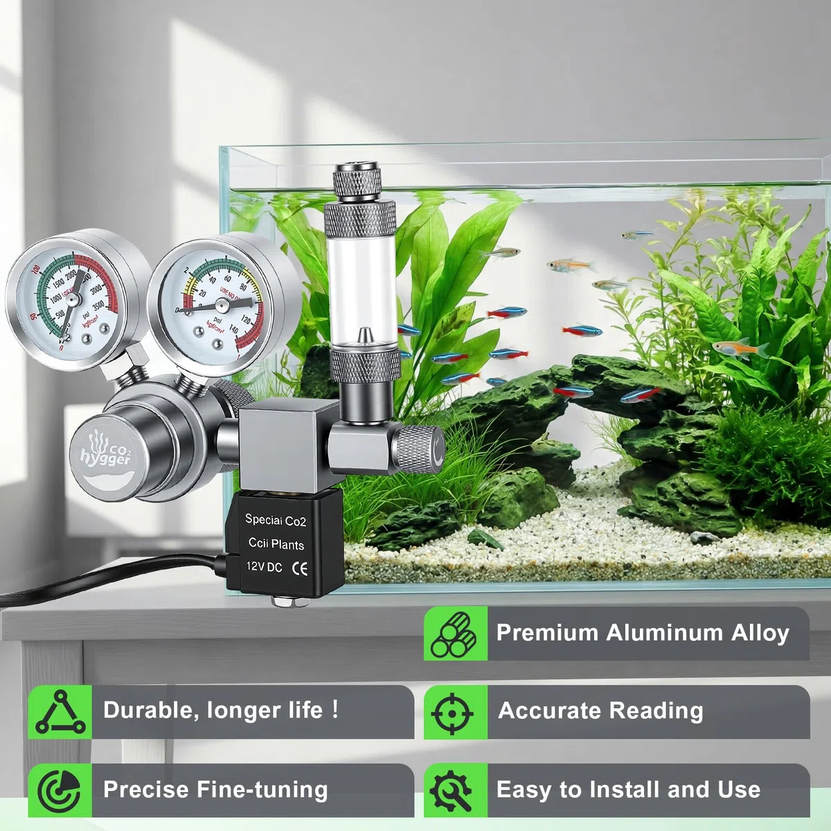 Regulador co2 Acuario DC Solenoide,co2 Regulator para Acuario Calibre Doble | Display preciso doble calibre, contador burbujas con válvula retención, Válvula aguja giratoria control preciso la salida gas