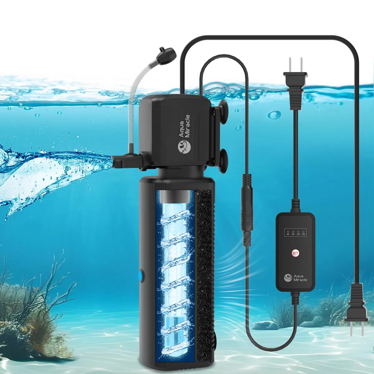 AquaMiracle Filtro de acuario con luz U - V y esponja de filtro, filtro de tanque de peces con temporizador para agua verde, filtro de tortuga con modo de aireación y lluvia para acuario de 30-70