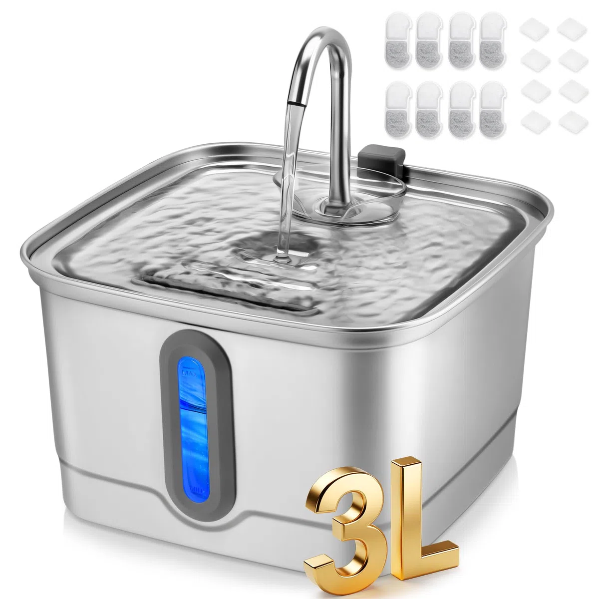 SEIRMEP Fuente de agua de acero inoxidable para gatos, fuente de agua automática para mascotas, fuente de agua para perros con filtros de repuesto para gatos, perros pequeños (8 filtros y 8 esponjas)