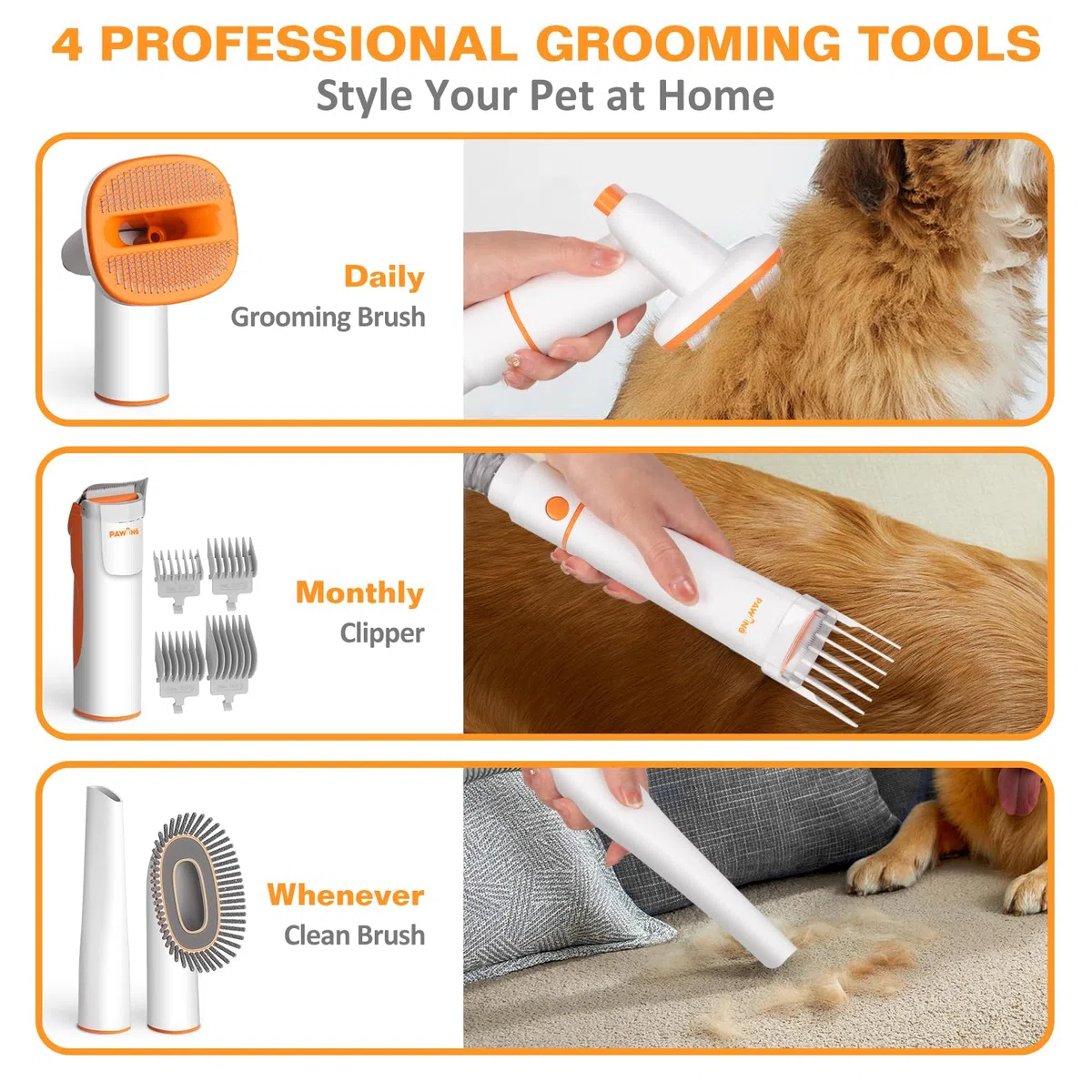 PAWING Kit de aseo para mascotas con aspiradora, herramientas profesionales todo en 1 para perros y gatos, aspiradora de perros de bajo ruido con taza de polvo de gran capacidad de 2 L para eliminar