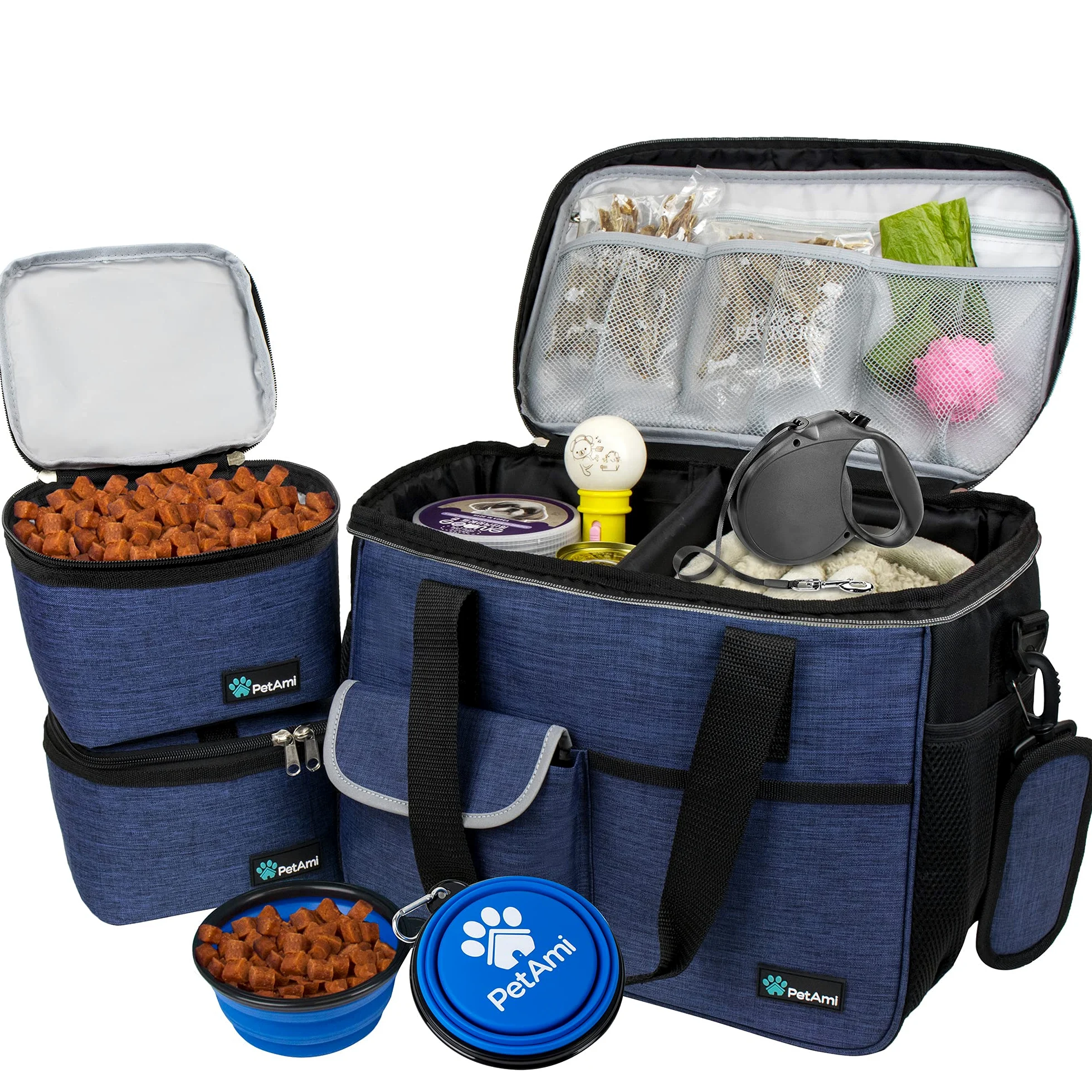PetAmi Bolsa de viaje para perros, organizador de bolsas de viaje para mascotas, bolsa de viaje para comida para perros con recipiente de alimentos y cuencos, suministros de viaje para perros,