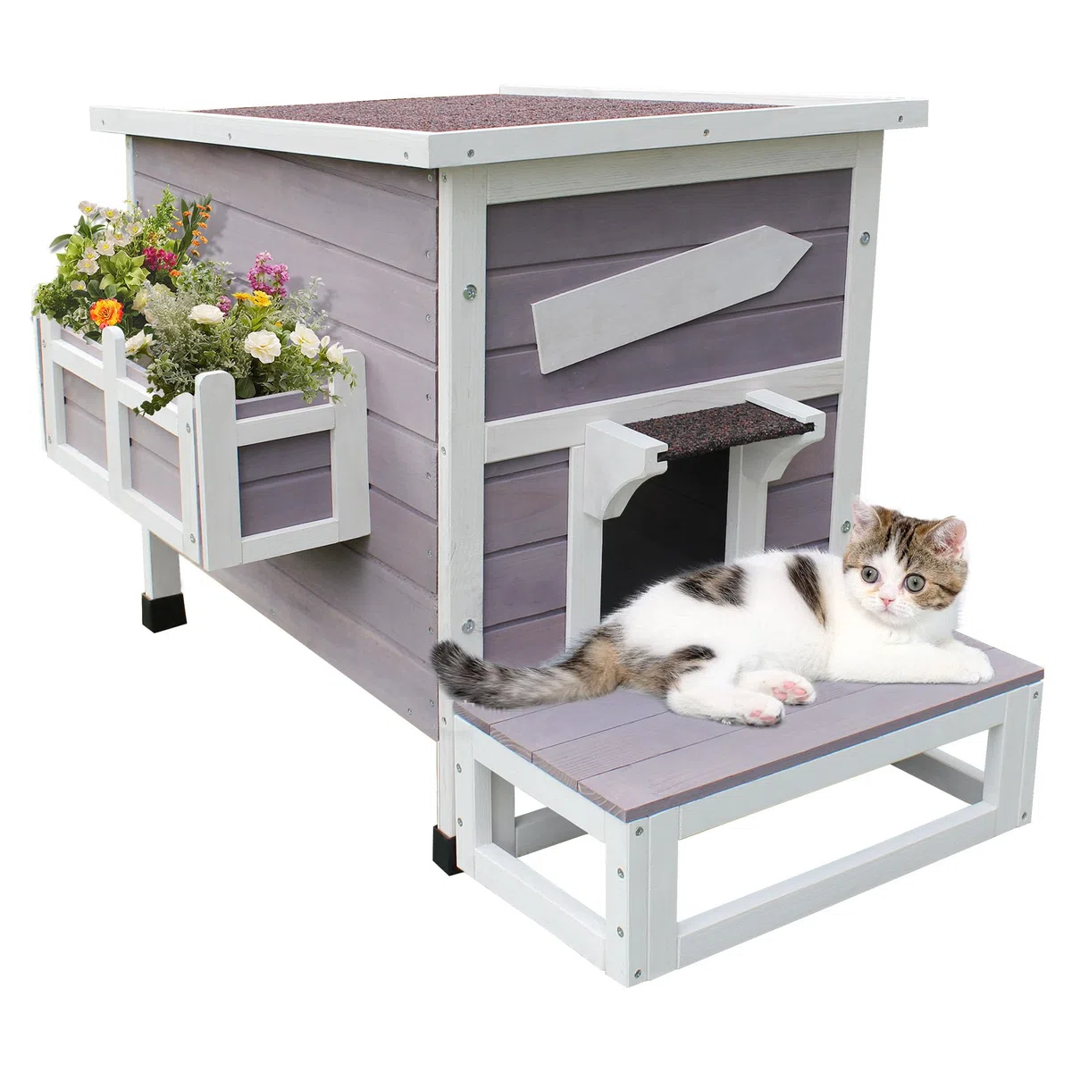 Casa para Gatos Exterior Madera con Puerta de Escape, Casa de Gatito Resistente a La Intemperie, Cabaña Mascotas Caseta Pequeña de Gatos con Ventana y Puerta