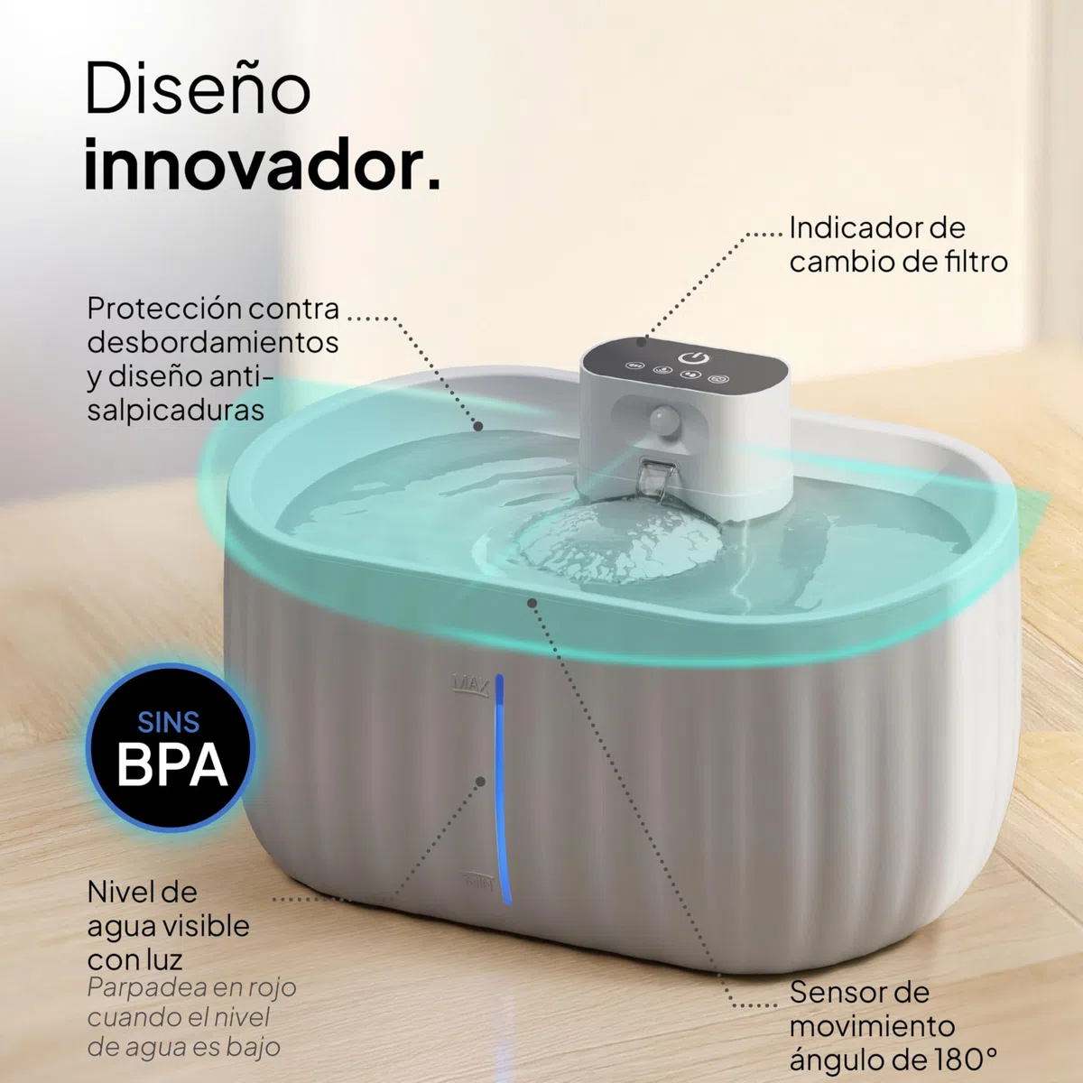 Pretty Paw Fuente para Gatos Inalámbrica con Sensor de Movimiento 3L Gris