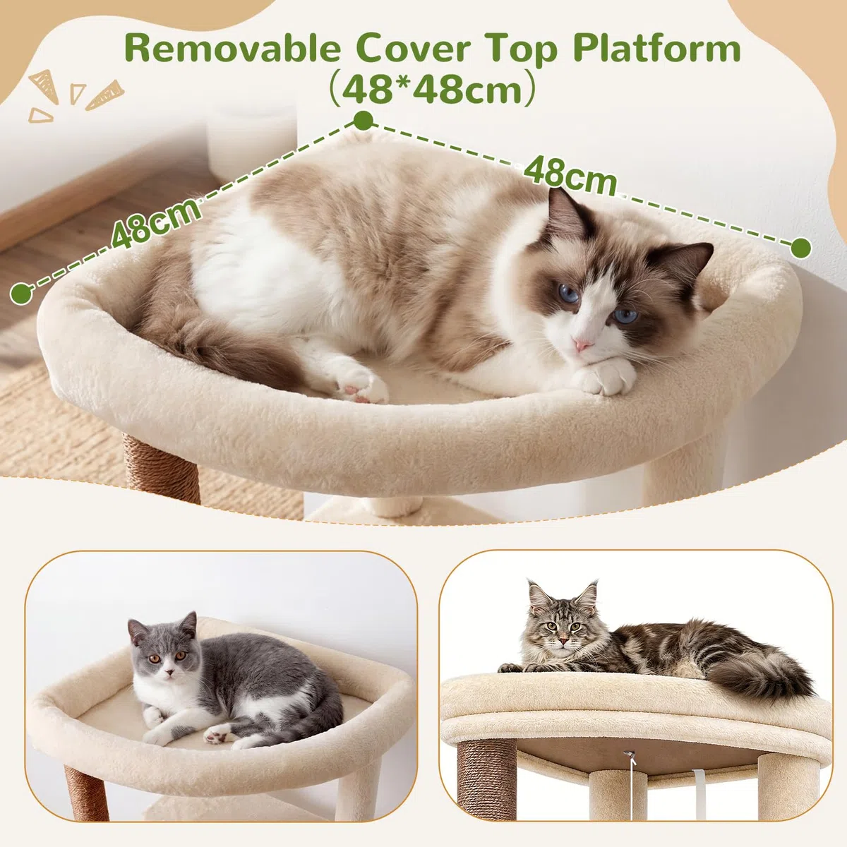 Globlazer Árbol Rascador Beige Estable con Inmenso Acolchada Plataforma 48*48CM, Grande Nido, Hamaca, Pendiente de Sisal, Cesta, Árbol Rascador 143 cm para Múltiple Gatos Adulto Interior (S56, Beige)