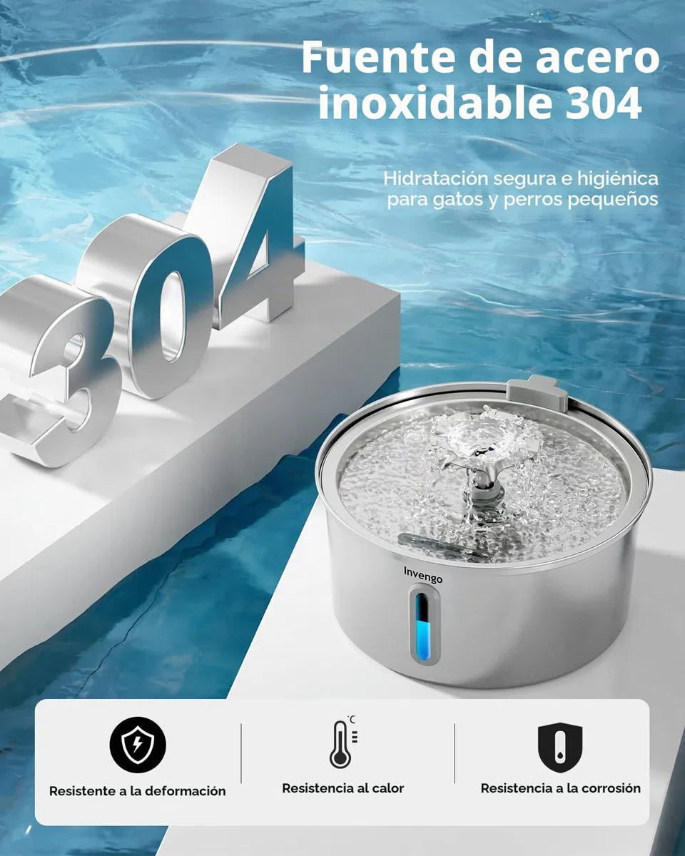 Invengo Fuente para Gatos Acero Inoxidable, 3.2L con Boquilla de Flor, Filtración de 5 Etapas, Ventana de Nivel y Fácil Limpieza - Ideal para Gatos y Perros Pequeños, Incluye 4 Filtros de Repuesto