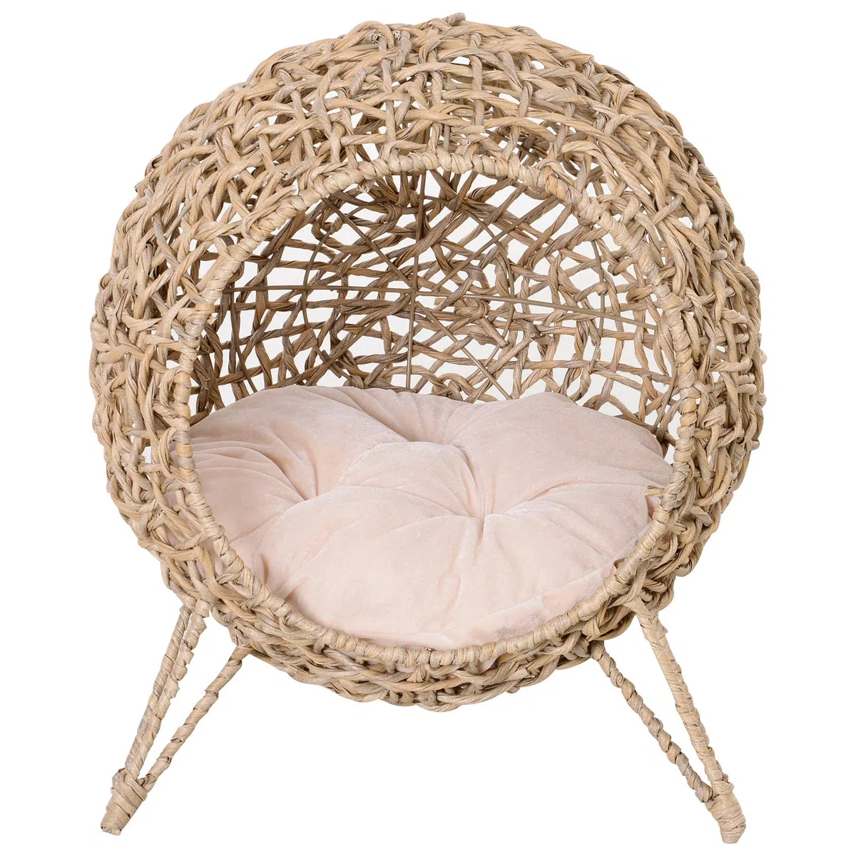 PawHut Cama Cueva de Ratán para Gatos Base Trípode Φ52x58 cm Madera Natural | Mascotas Pequeñas, Cojín de Felpa y Algodón Suave, Diseño Elevado, Estable