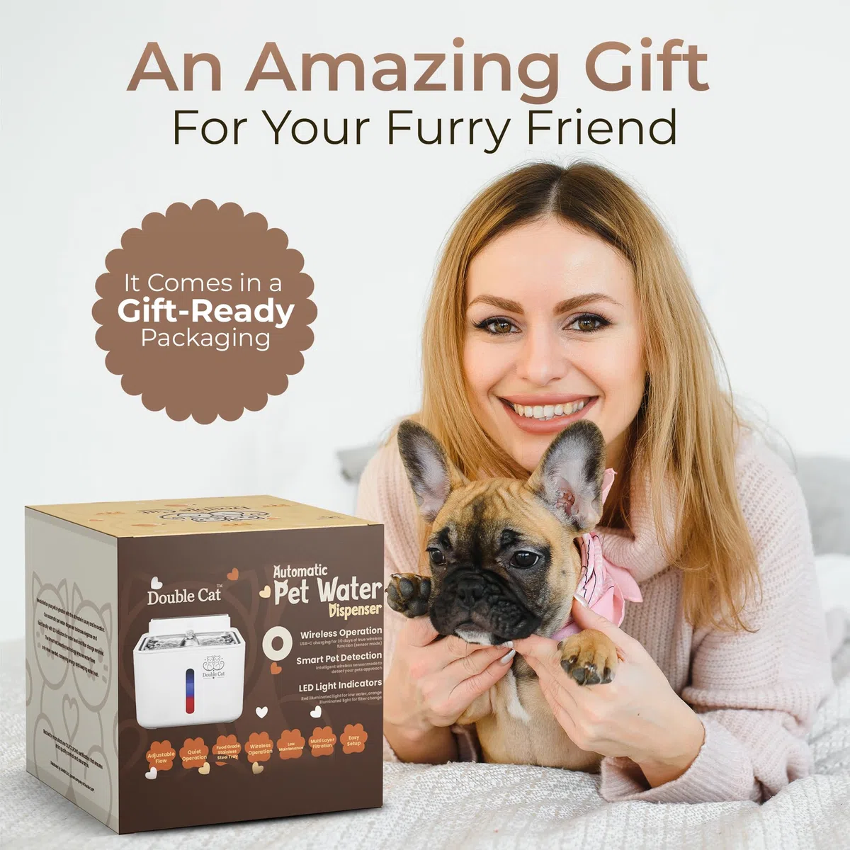 Fuente de agua automática para perros y gatos, 3,2 L, detección inteligente de mascotas, inalámbrica, funcionamiento silencioso, indicadores de luz LED y filtración multicapa, hidratación fresca y