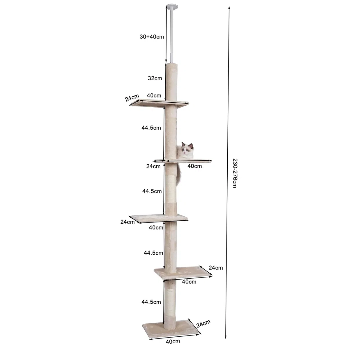 Fudajo Árbol rascador Suelo a Techo Beige 230-276cm Ajustable en Altura 4 Plataformas sisal