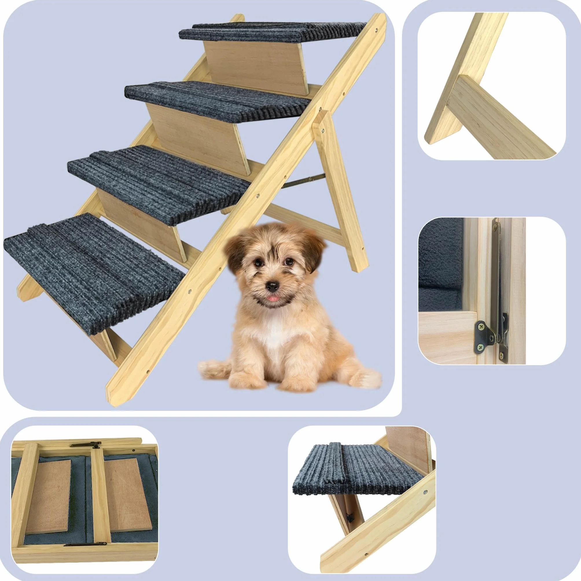UISEBRT Escalera plegable para perros, 2 en 1, escalera para mascotas, de madera, con inserto antideslizante, para mascotas de hasta 80 kg