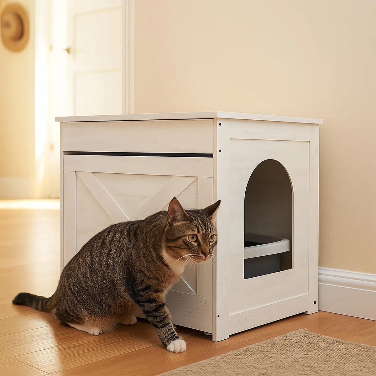 Relaxdays Mueble Arenero de Gato, para Esconder el Aseo Felinos, Cajón Extraíble, 53,5 x 60 x 51,5 cm, Blanco/Gris