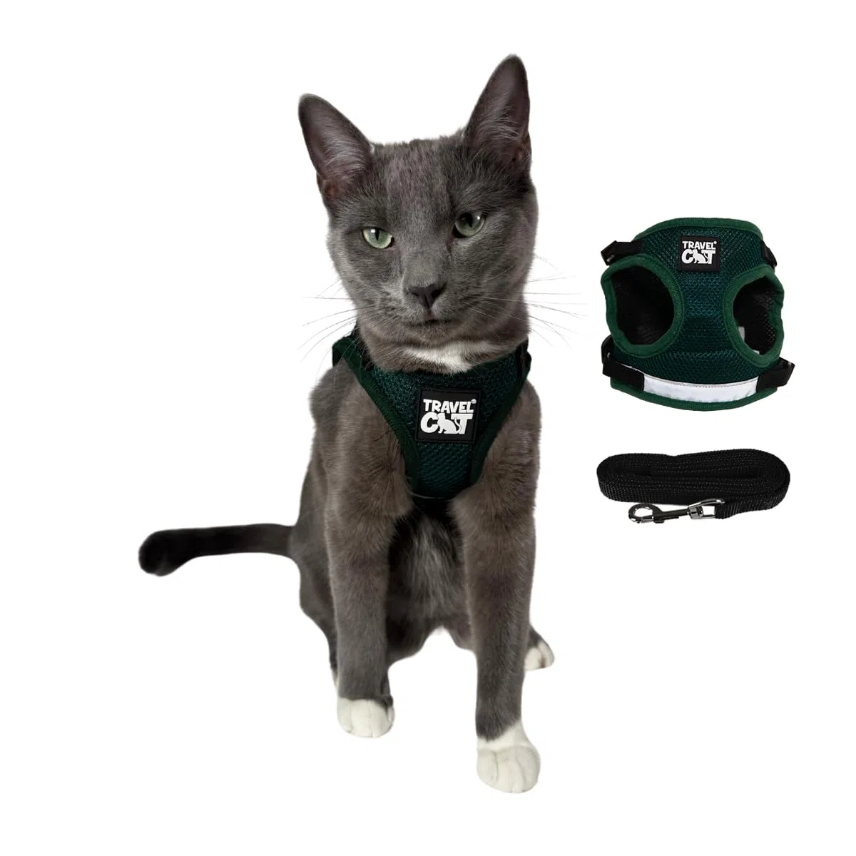 Travel Cat The Emerald Explorer - Arnés para gatos de edición limitada, arnés de malla ajustable y correa reflectante, cómodo arnés a prueba de escape para gatos, gatitos (mediano, esmeralda)