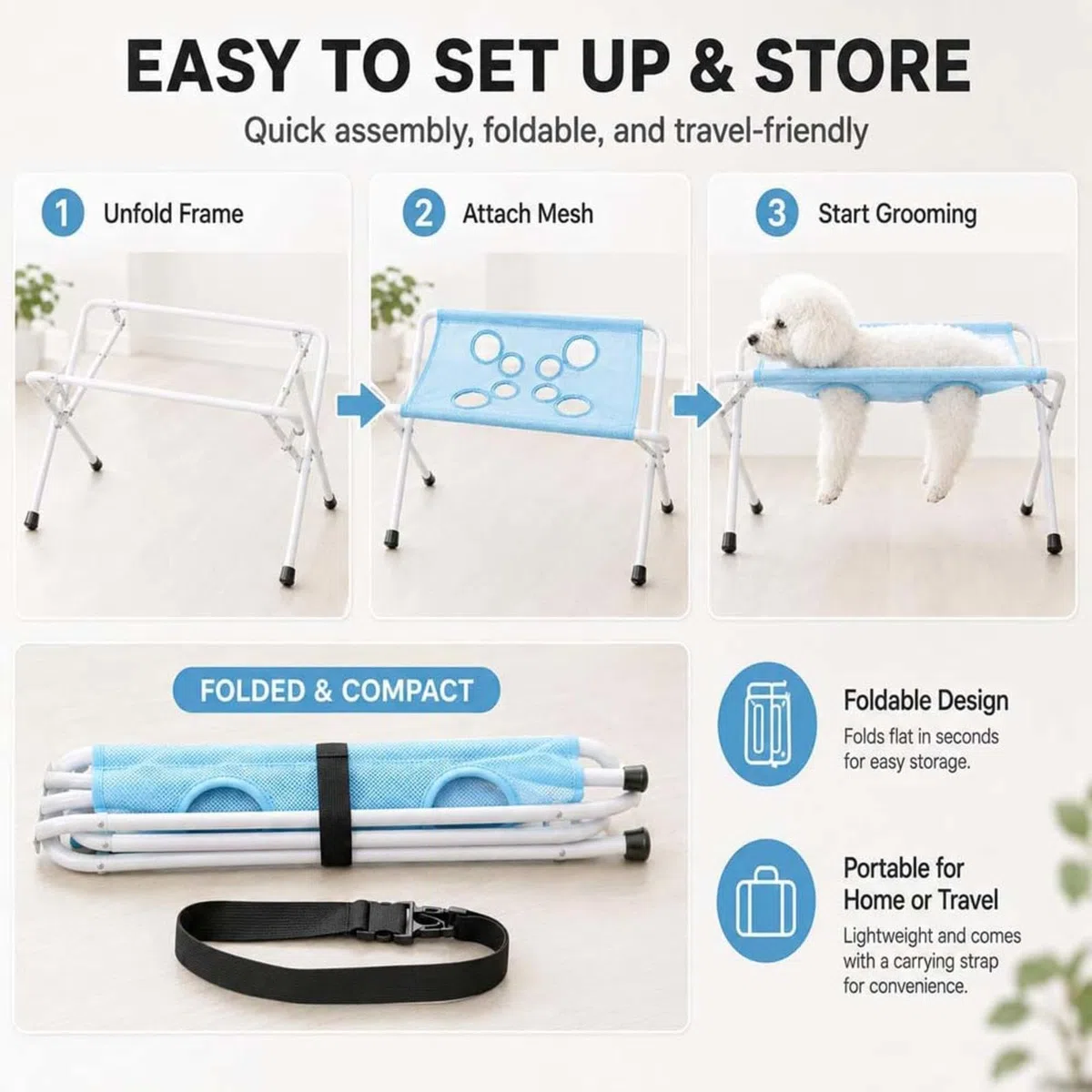 Silla para Bañar Perro Correa Ajustable para Sujetar A La Mascota Cat Dog Grooming Hammock Estructura Sólida Soporte Plegable para Mascotas Recorte Diario De Uñas,Baños,Blue