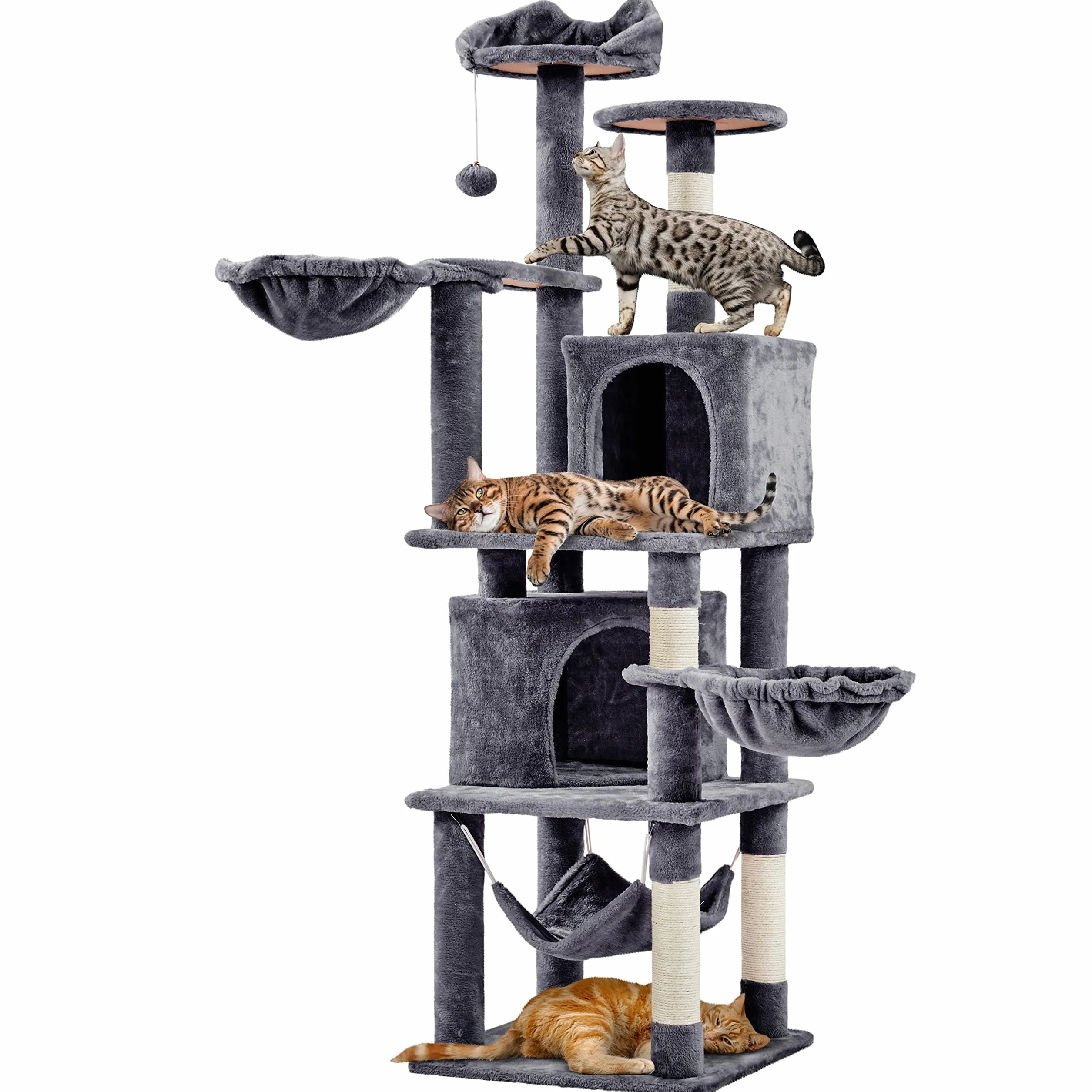 Yaheetech Rascador XXL para Gatos de 175 cm de Altura para Gatos Grandes, árbol de Escalada Estable con columnas de sisal y Plataformas, Hamaca de Peluche, Color Gris Oscuro
