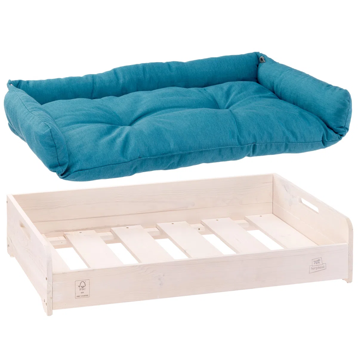 Ferplast Cama Perro y Gato con Cojin Hall, Cama para Perros y Gatos, Almohada Lavable, Madera FSC, Cama para Perros Medianos y Gatos, Transpirable y Antideslizante, 80.5 x 53 x h 17.5 cm