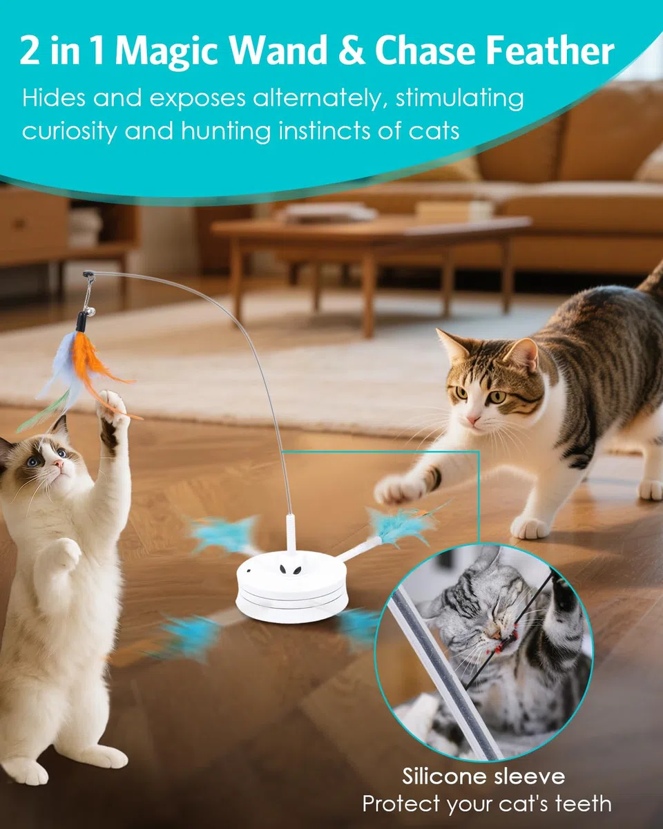 Juguete interactivo para gatos, juguetes recargables para gatos de interior, juguete automático de persecución de gatos, escondite, 2 modos, base de succión autosuficiente, juguetes de plumas