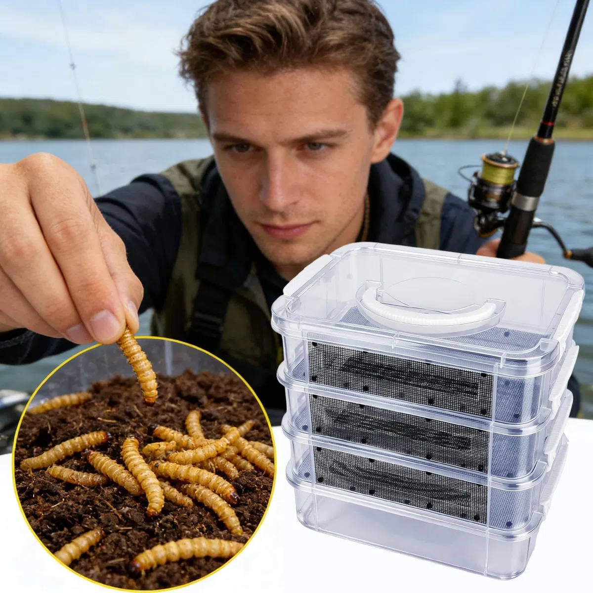 Kit de Cría de de la Harina Contenedor de Malla Transparente de 4 Niveles | para con Asa para Reptiles, Arañas, Aves, Pollos, Lagartos, Dragones Barbudos