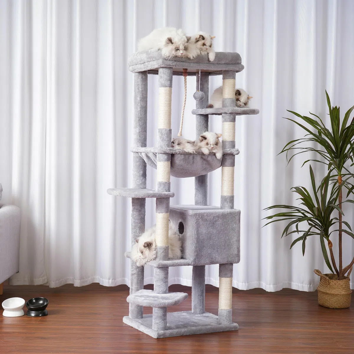 Heybly Arbol para Gatos, Altura 153 cm,con 7 Postes Rascadores, Plataformas, Cesta, Cueva, Hamaca, Pompones, Adultos Torre de Gatos Casita Juego para Mascota Gris Claro HCT050W
