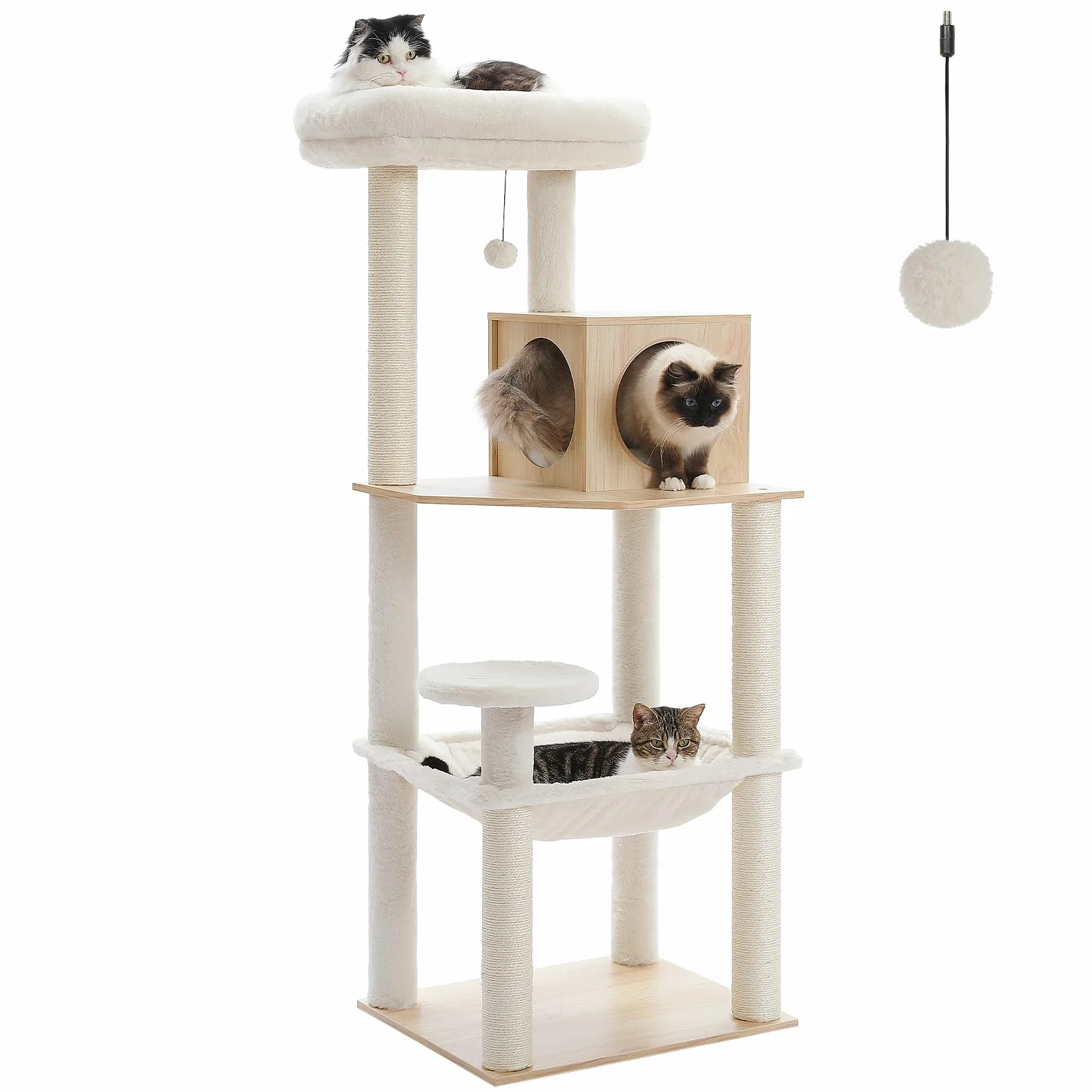 PETEPELA Árbol rascador de madera para gatos, 143 cm, moderno árbol rascador para gatos con hamaca más grande, cama superior con cuerda de sisal, columna beige