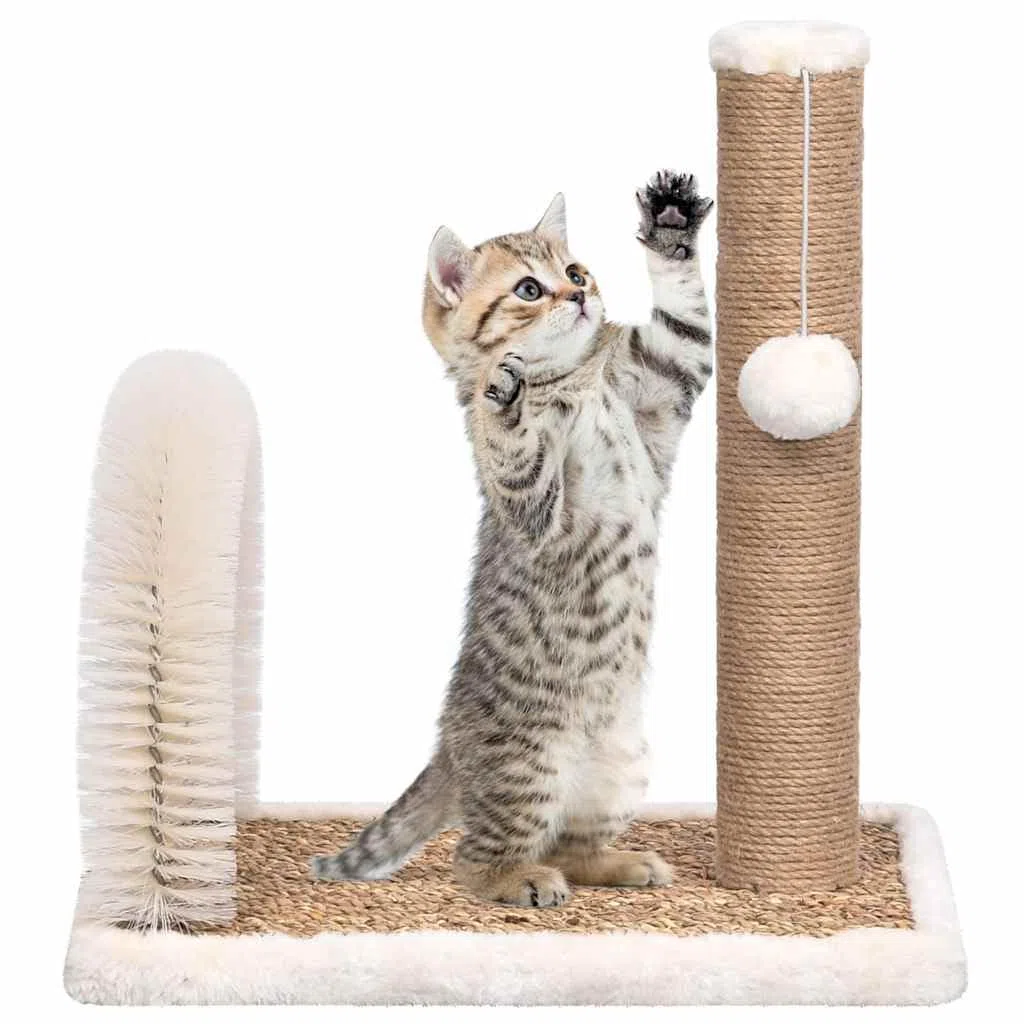 Árbol para gatos con arco para el cuidado del pelo, columna rascadora pequeña, color marrón | Accesorio compacto para gatos para el salón con cepillo de masaje y tronco rascador de algas marinas.