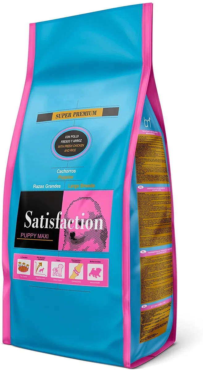 Satisfaction Puppy Maxi - Pienso para Cachorros de Grandes y Gigantes (pesan +25kg de Adultos) - Elaborada con un 20% de Pollo Fresco y arroz. Croquetas adaptadas a Sus mandíbulas.