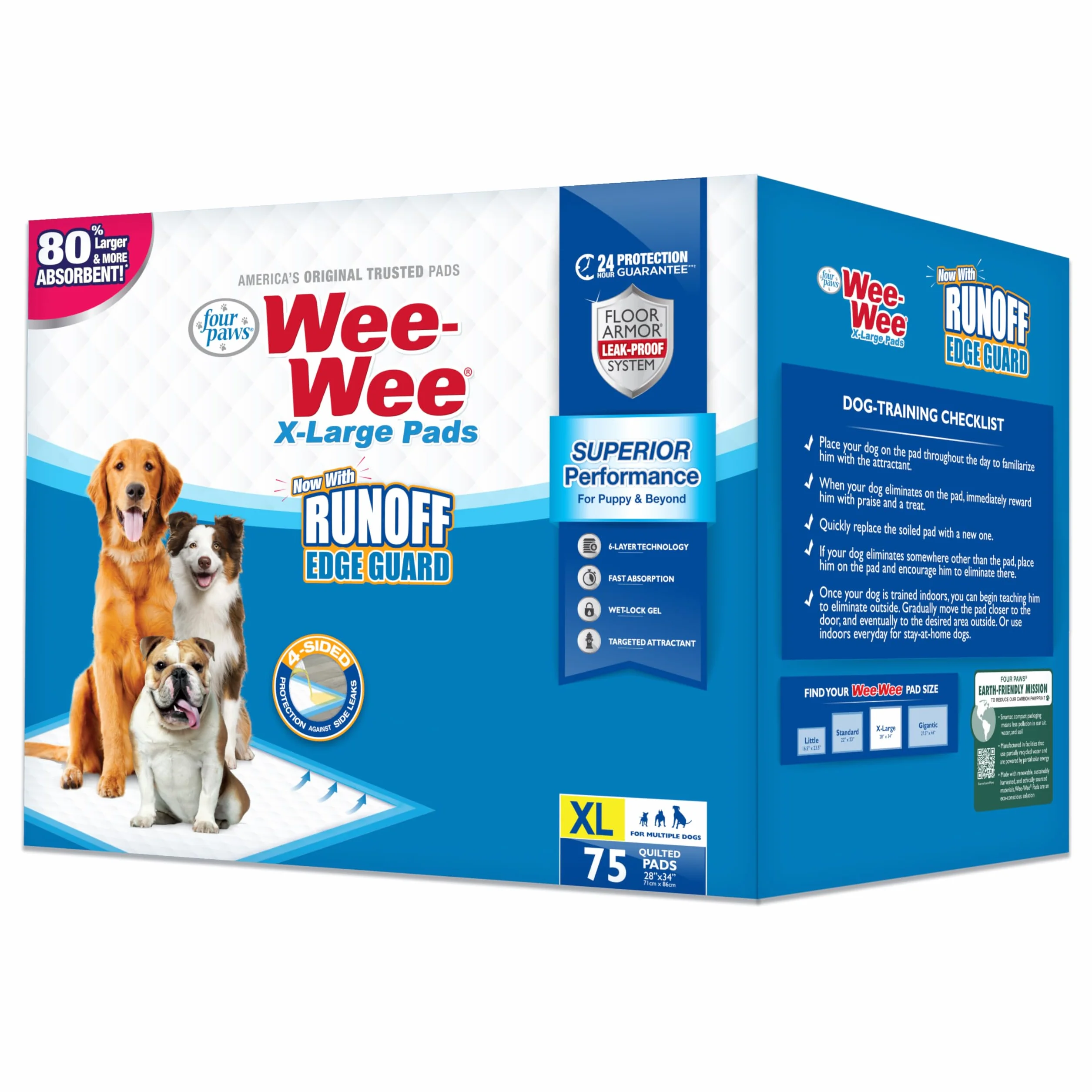 Four Paws Wee-Wee - Almohadillas para orina de rendimiento superior para perros con protección de borde de barrera de escorrentía, almohadillas de entrenamiento para cachorros y perros, suministros de