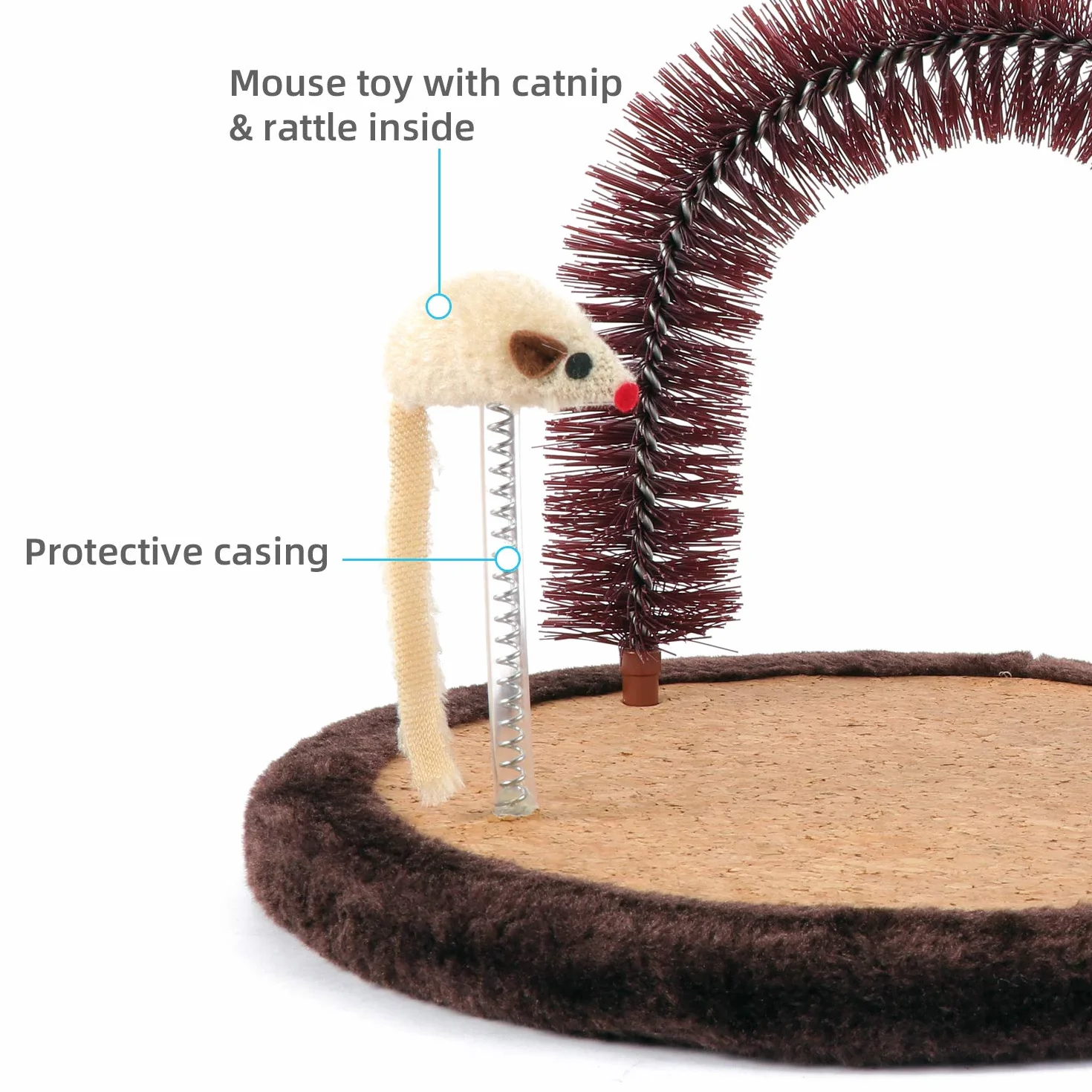 Happi N Pets Cepillo de aseo original para gatos, cepillo de aseo de arco con almohadilla rascadora de madera pesada, poste de frotar y juguete, rascador de cara de gato, masajeador corporal para