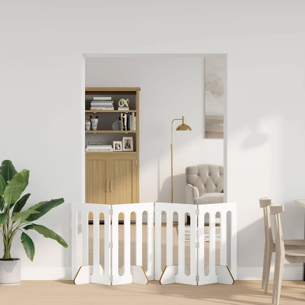 Valla plegable para mascotas de madera, color blanco, 201 x 38 x 70 cm, 4 piezas con paneles plegables flexibles para interiores, plegable, protección segura, ideal para perros, cachorros