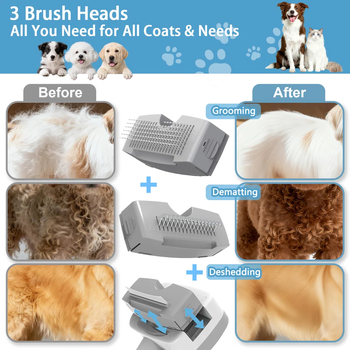Cepillo de vapor para mascotas 5 en 1 para perros y gatos, autolimpieza, 3 cepillos para mascotas para alisar, desenredar, adelgazar, desprendimiento, aseo y depilación, incluye champú y