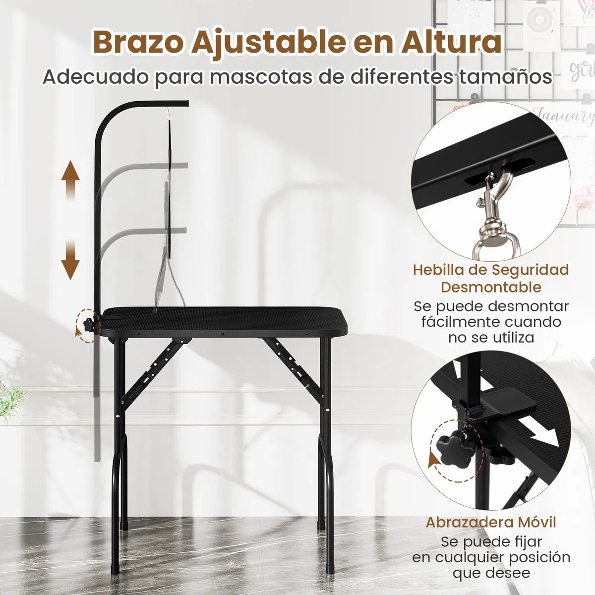 COSTWAY Mesa de Aseo para Mascotas, Mesa Plegable con Brazo Ajustable en Altura y Lazo, Superficie Antideslizante e Impermeable, Ideal para Perros y Gatos Pequeños y Medianos, Negro