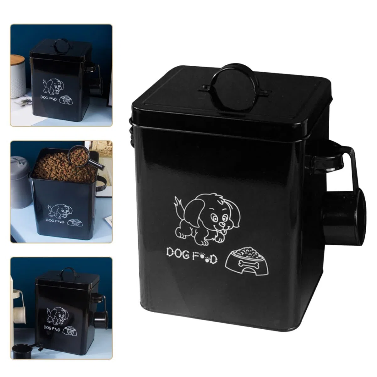 Contenedor de Comida para Perros de Metal Negro Tapa Hermética, Balde de Almacenamiento de Alimentos para Mascotas de Gran Capacidad, Resistente y Multifuncional para Uso