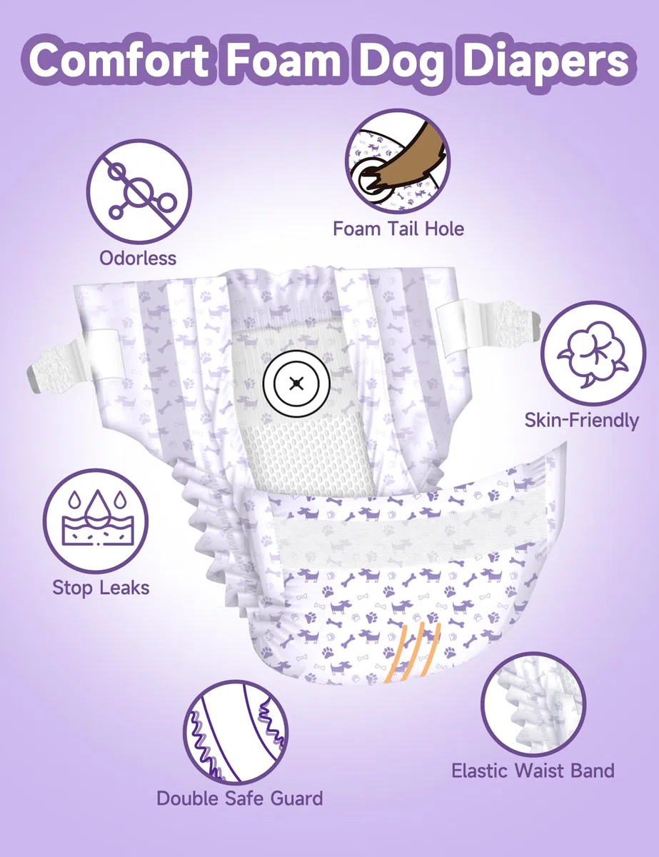 MICOOYO Pañales desechables para perras, pañales para perras, pañales súper absorbentes para mascotas, pañales de espuma para perros hembras para calor, pañales cómodos para cachorros (S, 50 unidades)