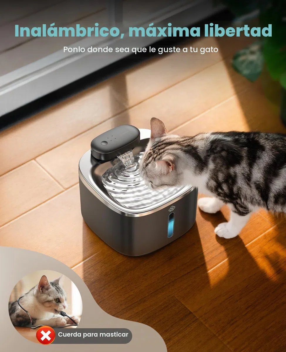 oneisall Fuente de Agua inalámbrica para Gatos para Beber, Fuente de Acero Inoxidable de 3.5 L con Sensor de Movimiento, Fuente de Agua inalámbrica silenciosa Que Funciona con Pilas, Cuenco para