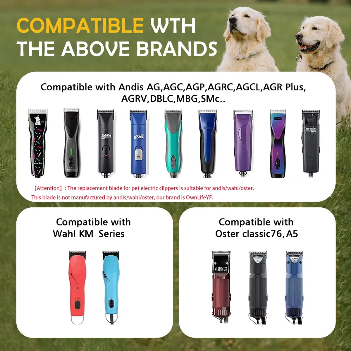 Cuchillas de acero desmontables para perros y mascotas, tamaño 7FC, compatible con longitud de corte Andis de 1/8 pulgadas