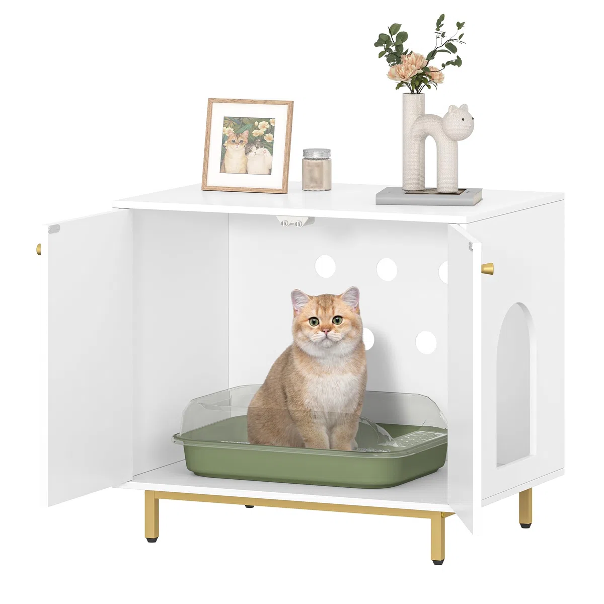 Hzuaneri Caja de Arena para Gatos, Muebles de Caja de Arena, Mesa Auxiliar para Casa de Mascotas, Banco de Gabinete de Almacenamiento, se Adapta a la Mayoría de Gatos, Blanco y Dorado CB85003G