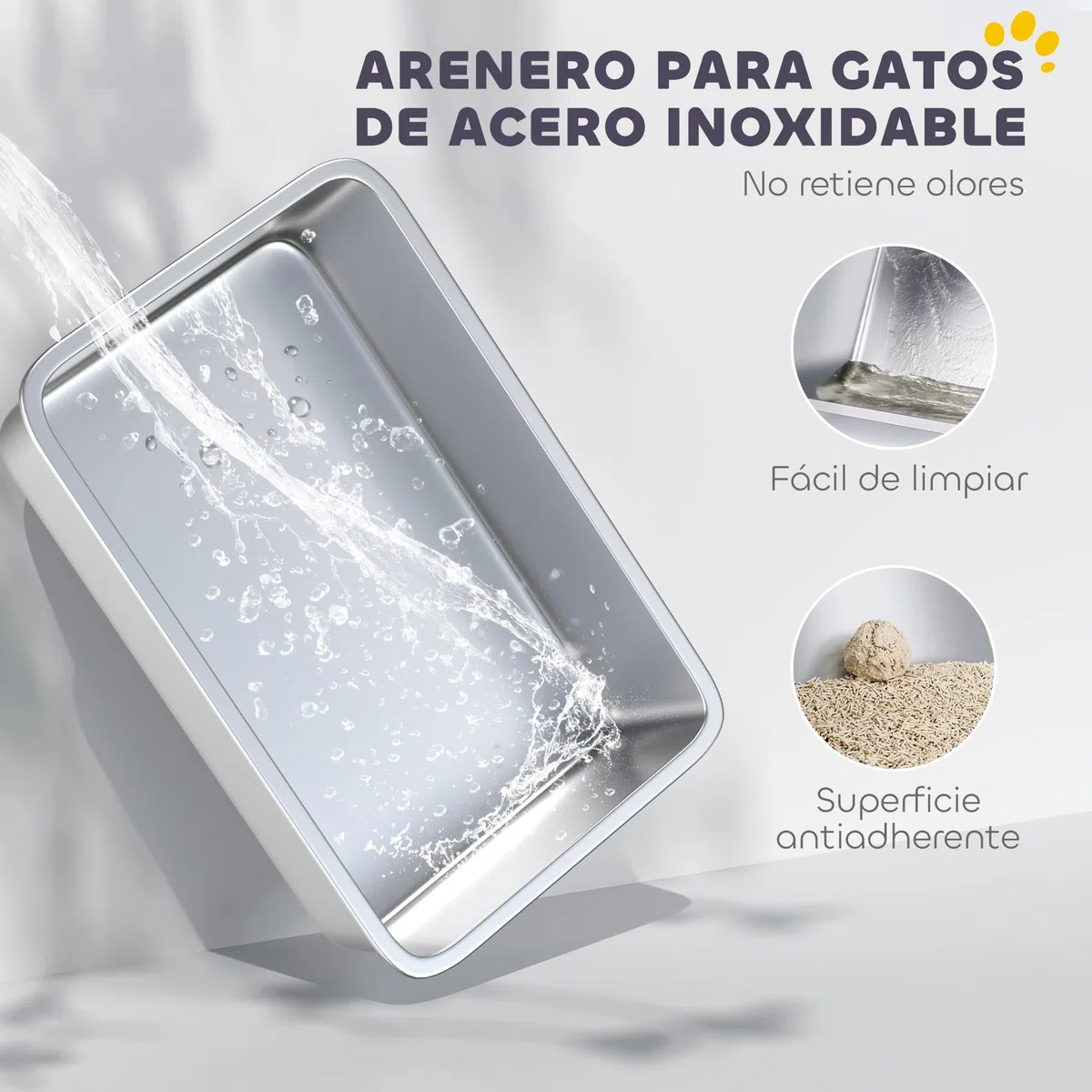 PawHut Arenero para Gatos de Acero Inoxidable XXL 69,8x50,3x29,8 cm Gris | Caja de Arena para Gatos, Arenero con Borde Alto, Pala Metálica, Fácil de Limpiar, Prueba de Fugas