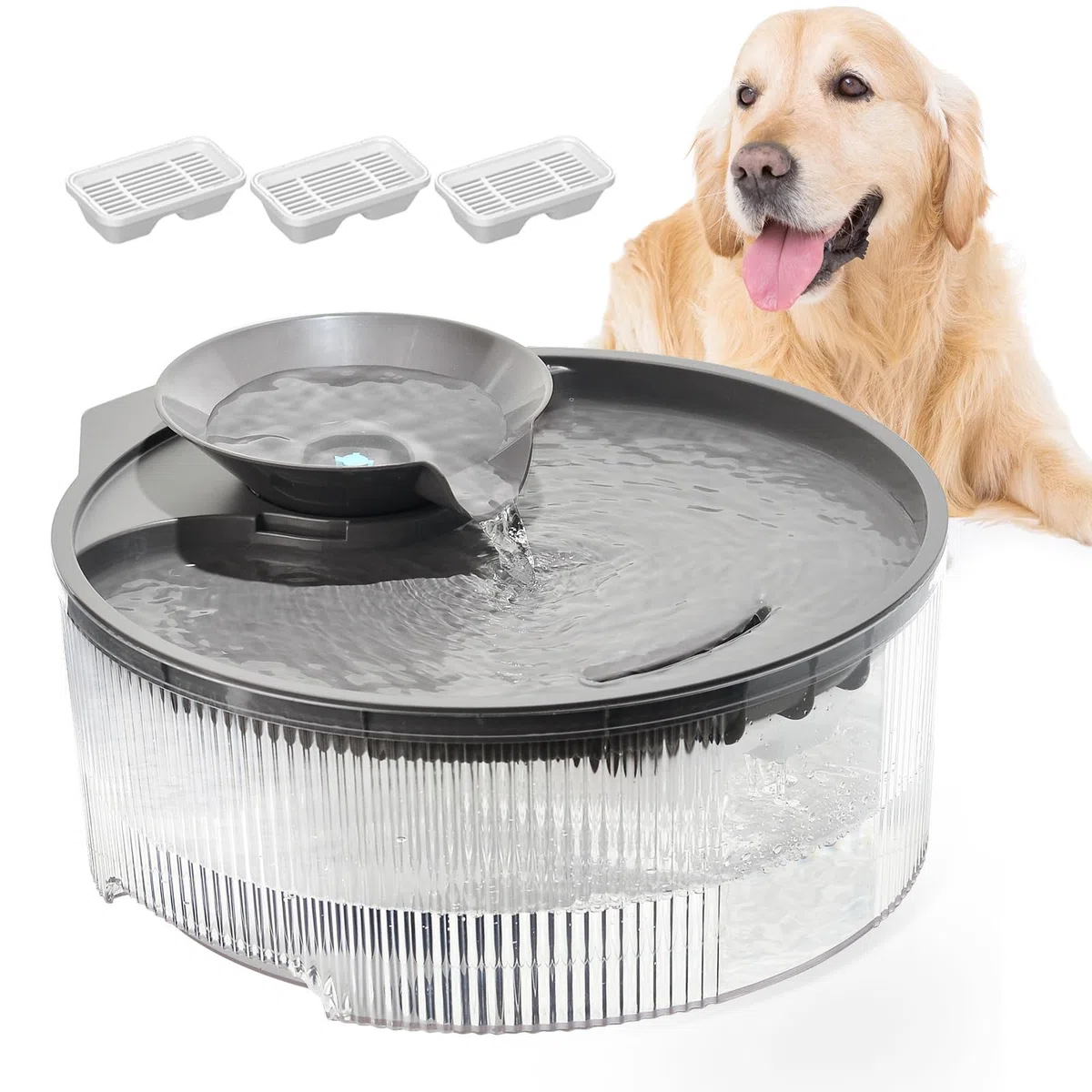 Fuente de agua para perros, fuente de agua para mascotas de 1.32 galones/169 onzas con diseño transparente y 3 filtros, fuente para perros con bomba silenciosa, ideal para perros y hogares con