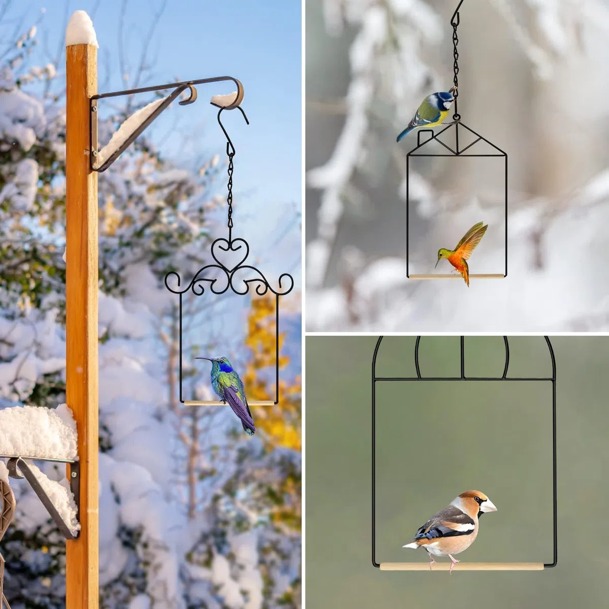Columpios y perchas de metal para colibrí con clavija de madera, columpio para pájaros negros, para exteriores, 3 unidades