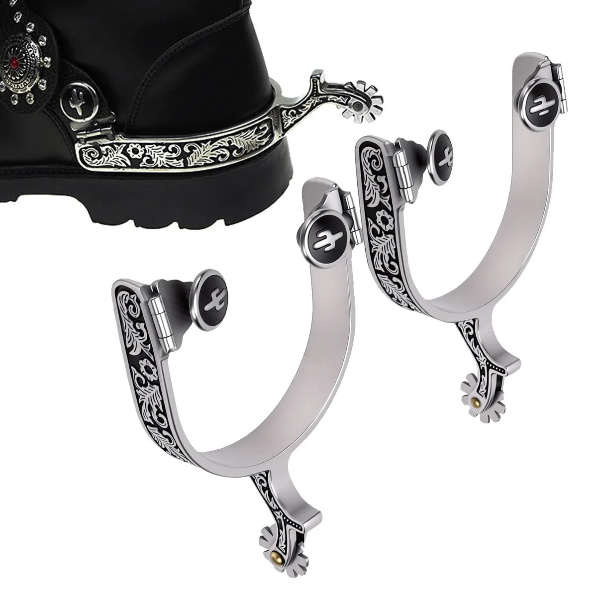 HEEPDD Espuelas Vaqueras del Oeste Talladas a Mano con Diseño Floral, Espuelas de Cowboy con Rueda Giratoria, for Equitación y Estilo Western