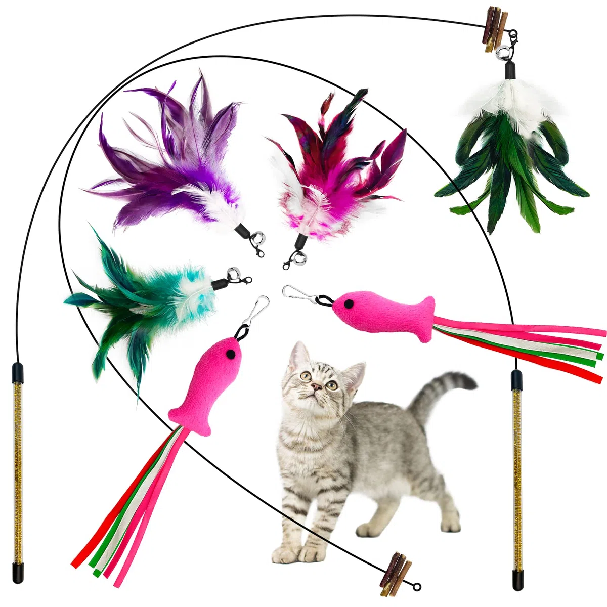 Juguete de varita para gatos, juguetes de plumas de gato con vid plateada y campanas, 2 varitas para gatos y 6 recambios de teaser, varita de alambre extra larga de 38.5 pulgadas, juguete para