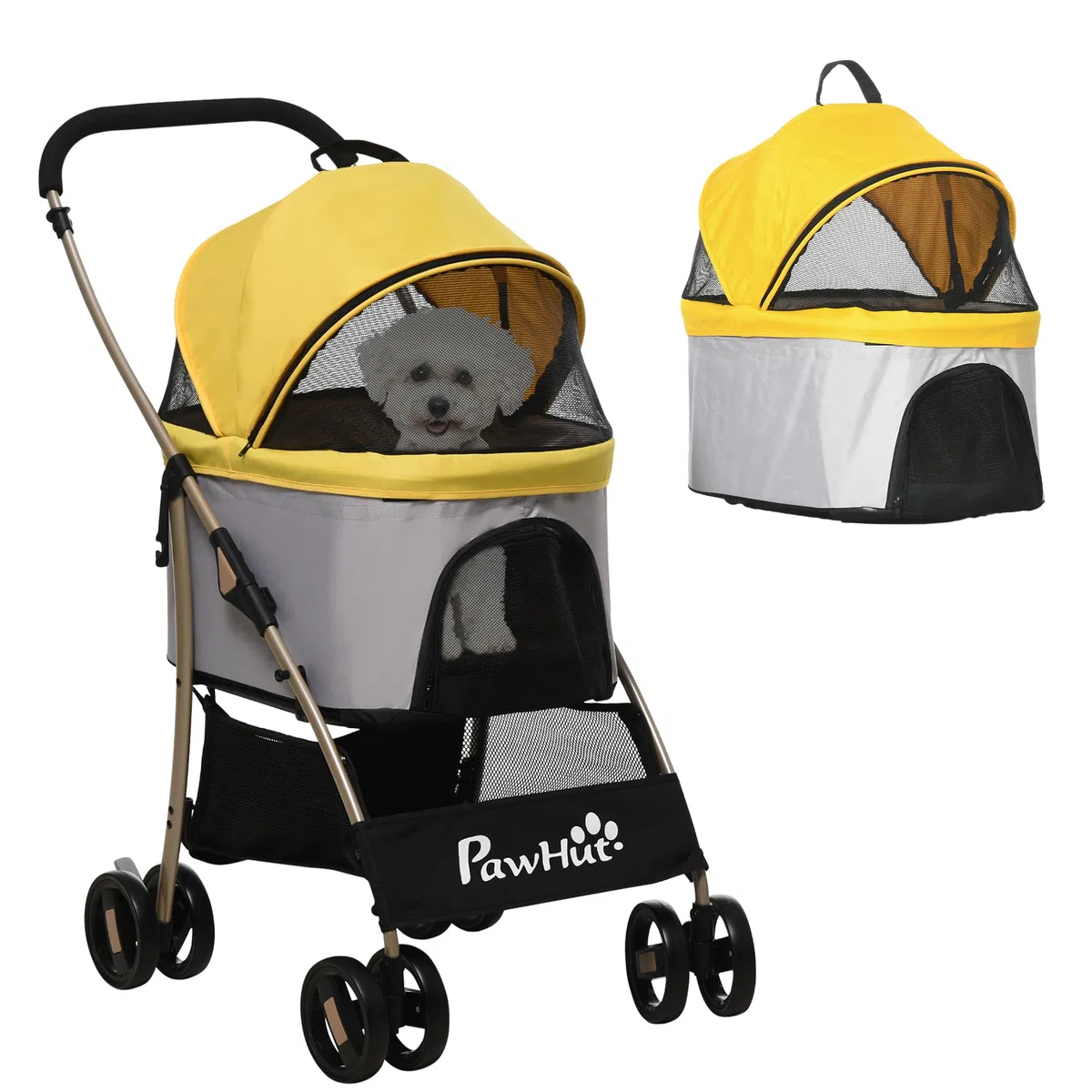 Carrito para perros PawHut, carrito para perros 2 en 1, bolsa de transporte, carrito plegable para perros con cojín, carrito para perros pequeños, gatos, carrito para gatos con 4 ruedas, ventana de