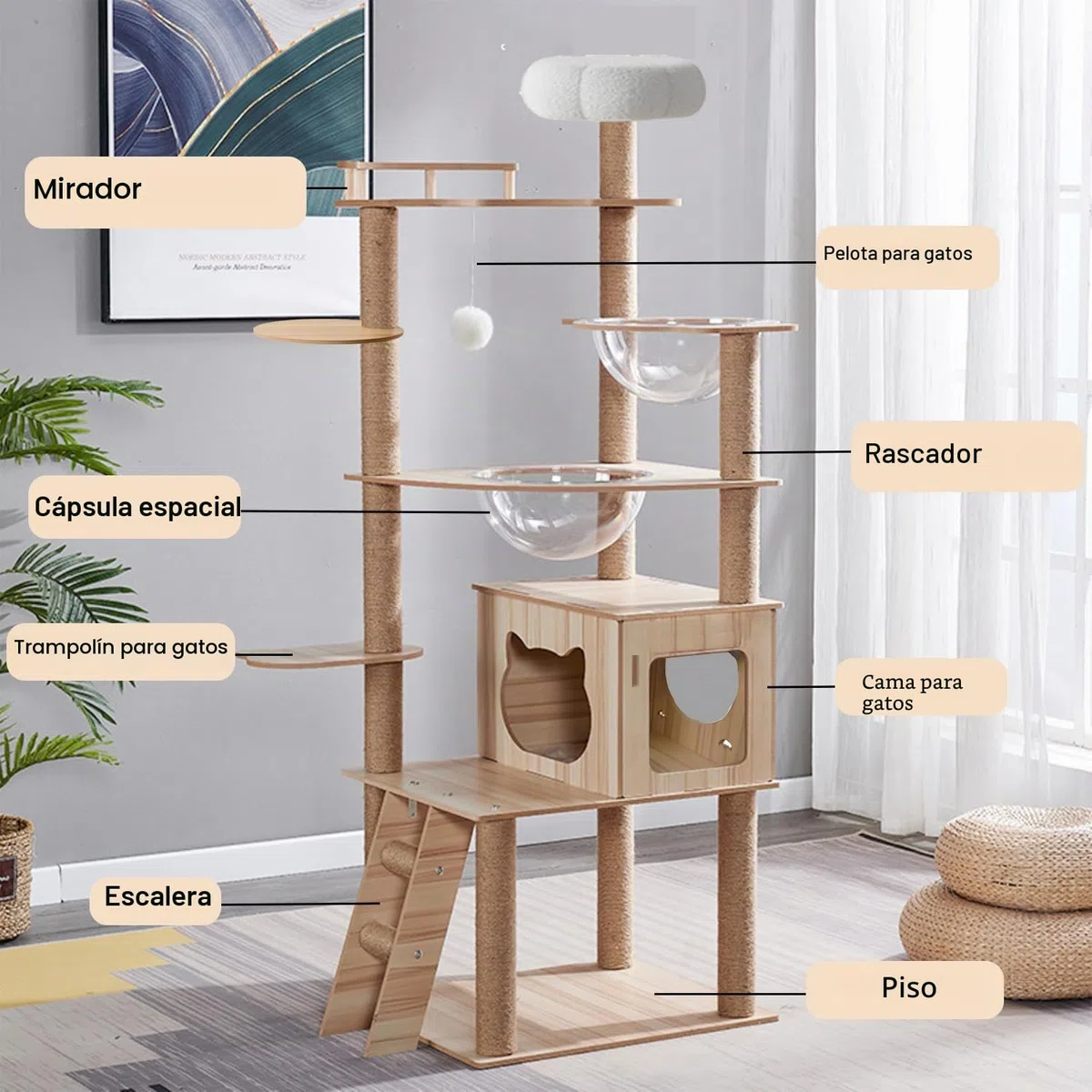 Árbol para Gatos de 170 cm para Adultos Grandes en Interiores, Torre de árbol para Gatos con condominio, escaleras, 2 Cuencos, 14 Postes rascadores de sisal, Percha Superior, con Cama de